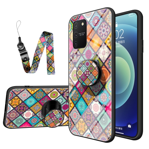 

For Samsung Galaxy M80s / S10 Lite / A91 Painted Ethnic Pattern Tempered Glass TPU Shockproof Case with Folding Magnetic Holder & Neck Strap(Checkered)