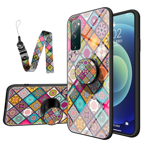 

For Samsung Galaxy S20 FE Painted Ethnic Pattern Tempered Glass TPU Shockproof Case with Folding Magnetic Holder & Neck Strap(Checkered)