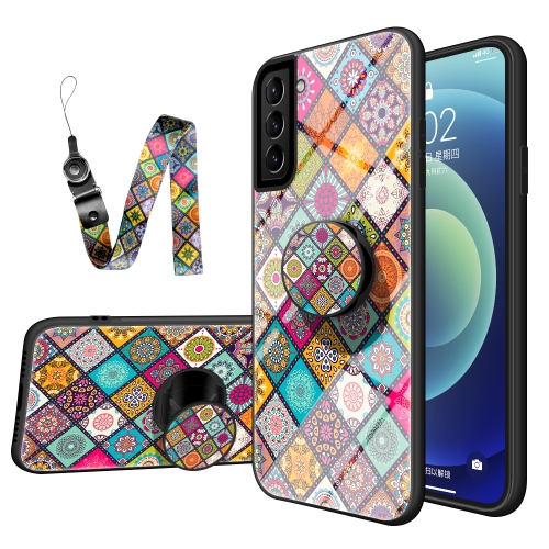 

For Samsung Galaxy S21 5G Painted Ethnic Pattern Tempered Glass TPU Shockproof Case with Folding Magnetic Holder & Neck Strap(Checkered)