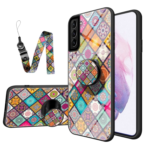 

For Samsung Galaxy S21+ 5G Painted Ethnic Pattern Tempered Glass TPU Shockproof Case with Folding Magnetic Holder & Neck Strap(Checkered)