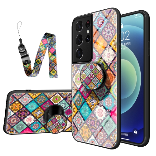 

For Samsung Galaxy S21 Ultra 5G Painted Ethnic Pattern Tempered Glass TPU Shockproof Case with Folding Magnetic Holder & Neck Strap(Checkered)