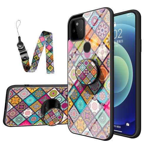 

For Google Pixel 5a 5G Painted Ethnic Pattern Tempered Glass TPU Shockproof Case with Folding Magnetic Holder & Neck Strap(Checkered)