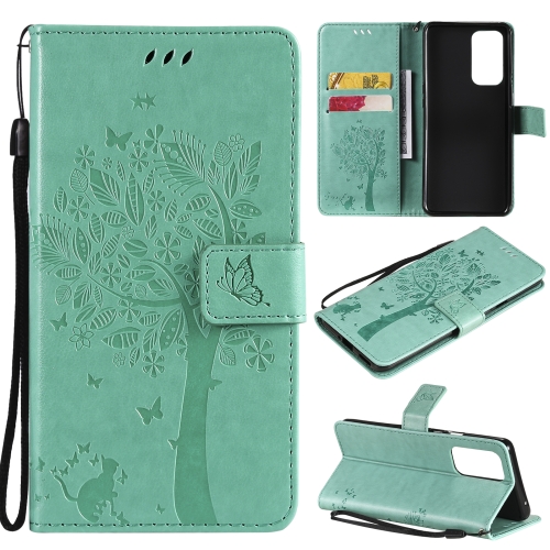 

For OnePlus 9 Pro Tree & Cat Pattern Pressed Printing Horizontal Flip PU Leather Case with Holder & Card Slots & Wallet & Lanyard(Green)