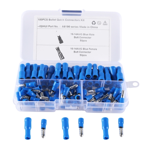 

A6196 100 PCS Blue AWG16~14 Car Cable Connection Cold Press Terminal Male & Female Connector