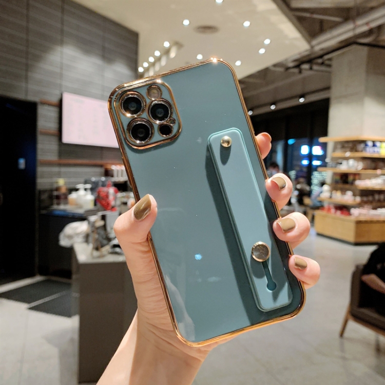 

6D Pure Color Plating Protective Case with Wristband & Holder For iPhone 11 Pro Max(Blue)