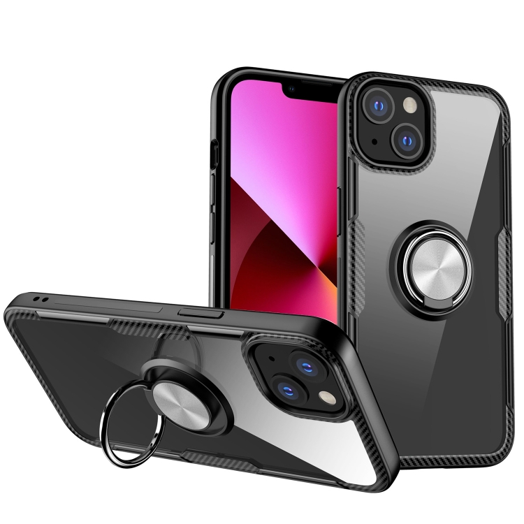 

For iPhone 13 Shockproof Transparent TPU + Acrylic Protective Case with Ring Holder(Silver Black)