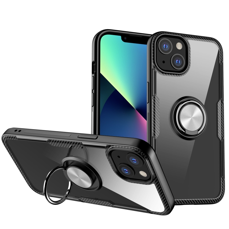 

Shockproof Transparent TPU + Acrylic Protective Case with Ring Holder For iPhone 13 mini(Silver Black)
