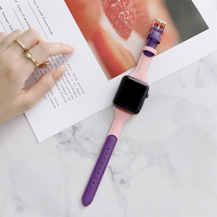 Banda de cuero de cuero a juego de color de cintura pequeña para Apple  Watch Series 7 45 mm / 6 y SE y 5 y 4 44 mm / 3 y 2 y 1 42 mm (púrpura+rosa)