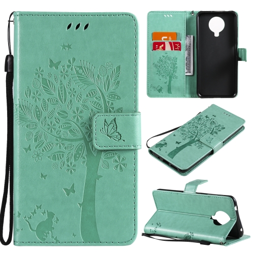 

For Nokia G20 Tree & Cat Pattern Pressed Printing Horizontal Flip PU Leather Case with Holder & Card Slots & Wallet & Lanyard(Green)