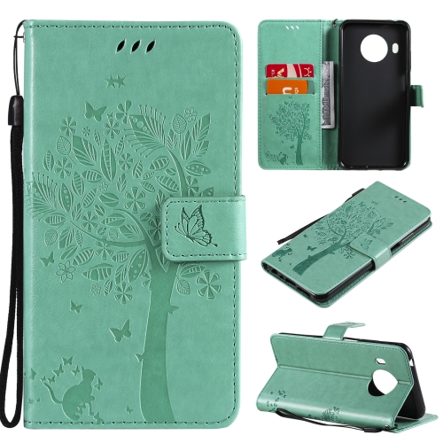 

For Nokia X20 Tree & Cat Pattern Pressed Printing Horizontal Flip PU Leather Case with Holder & Card Slots & Wallet & Lanyard(Green)