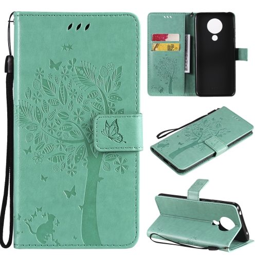 

For Nokia 5.3 Tree & Cat Pattern Pressed Printing Horizontal Flip PU Leather Case with Holder & Card Slots & Wallet & Lanyard(Green)