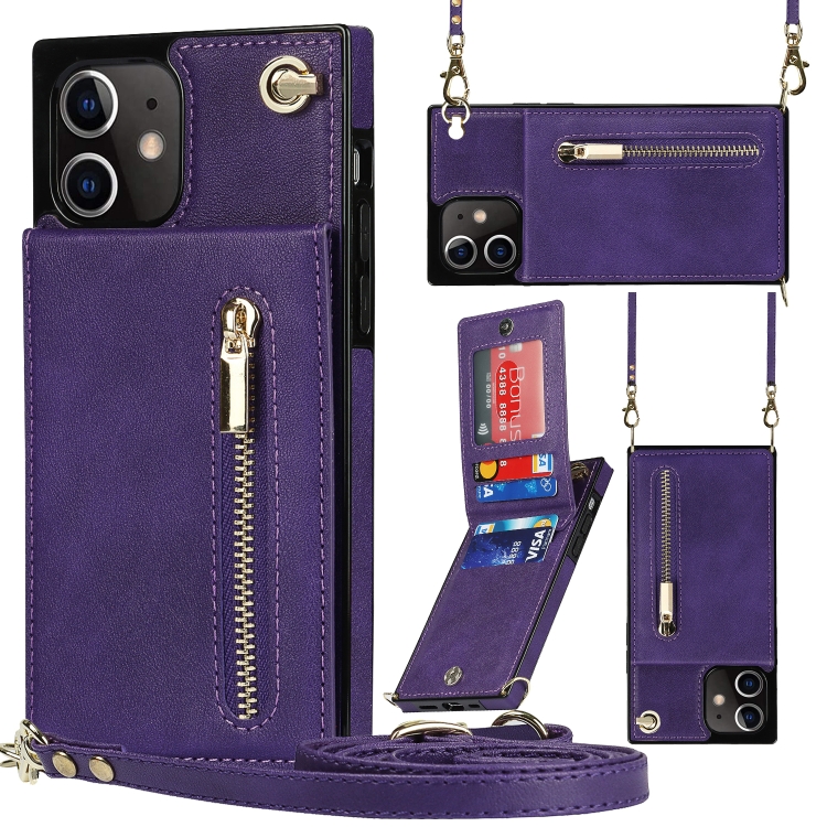 

Cross-body Zipper Square TPU+PU Back Cover Case with Holder & Card Slots & Wallet & Strap For iPhone 12 / 12 Pro(Purple)