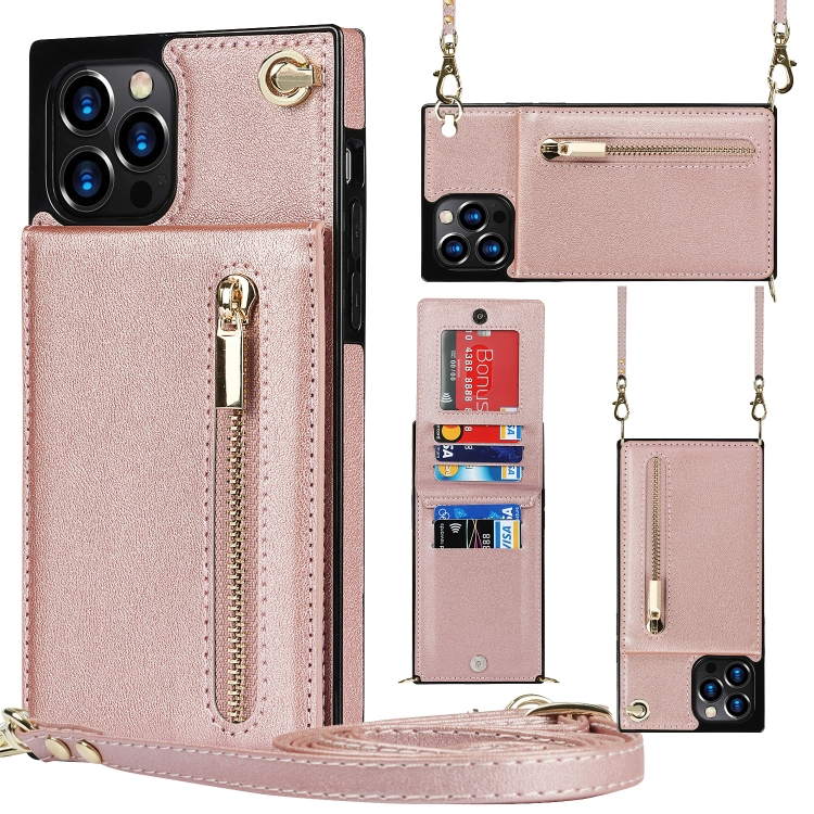 

Cross-body Zipper Square TPU+PU Back Cover Case with Holder & Card Slots & Wallet & Strap For iPhone 12 Pro Max(Rose Gold)