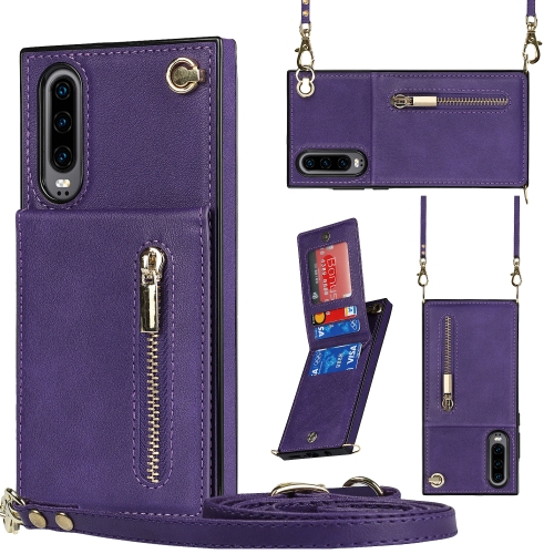 

For Huawei P30 Cross-body Zipper Square TPU+PU Back Cover Case with Holder & Card Slots & Wallet & Strap(Purple)