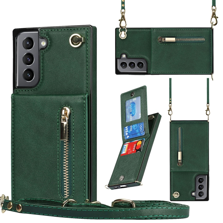 

For Samsung Galaxy S21 5G Cross-body Zipper Square TPU+PU Back Cover Case with Holder & Card Slots & Wallet & Strap(Green)
