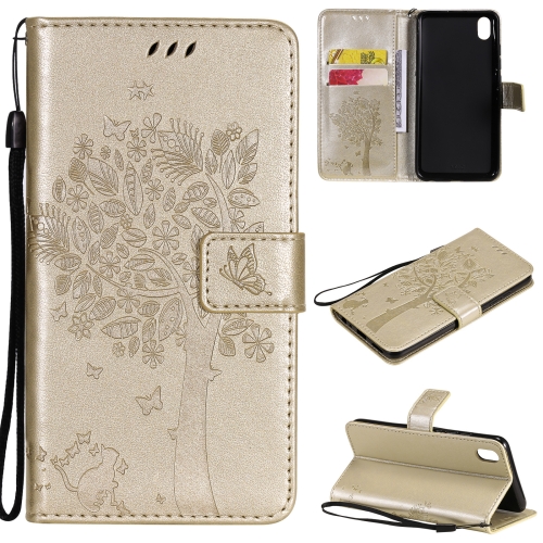 

For vivo Y1s / Y90 / Y91C Tree & Cat Embossing Pattern Horizontal Flip PU Leather Case with Holder & Card Slots & Wallet & Lanyard(Gold)
