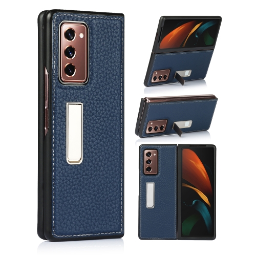 

For Samsung Galaxy Z Fold2 5G Lychee Texture Leather Protective Case with Holder(Dark Blue)