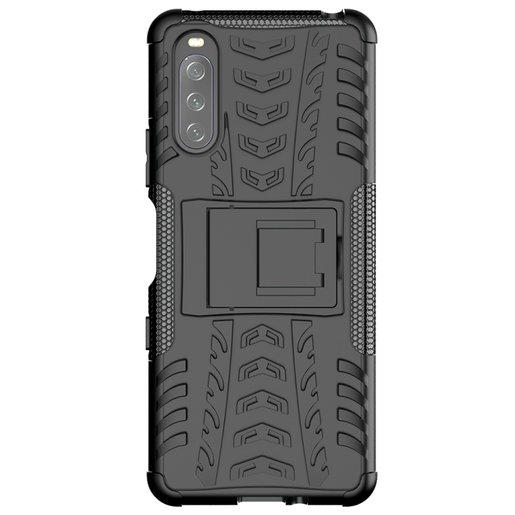 

For Sony Xperia 10 III Tire Texture Shockproof TPU+PC Protective Case with Holder(Black)