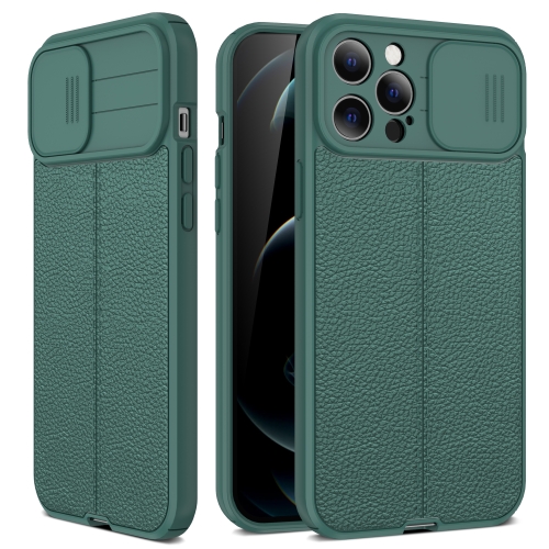 

For iPhone 12 Litchi Texture Sliding Camshield TPU Protective Case(Dark Green)