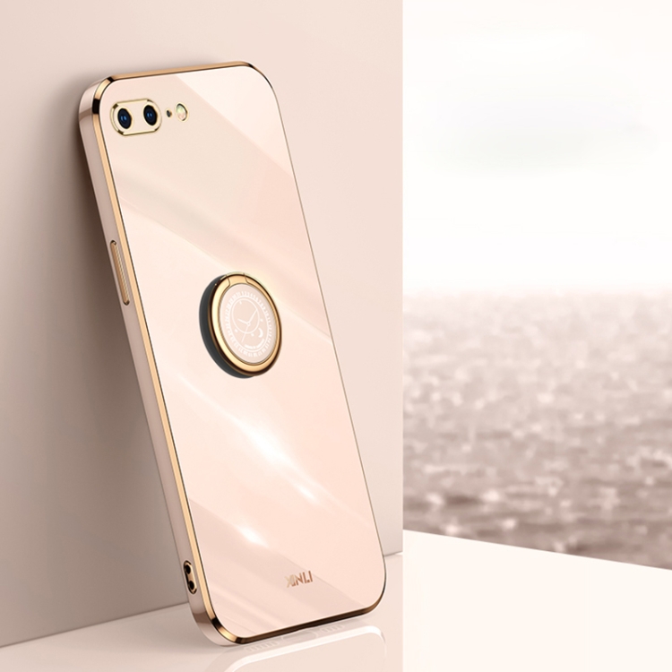 

XINLI Straight 6D Plating Gold Edge TPU Shockproof Case with Ring Holder For iPhone 8 Plus / 7 Plus(Pink)