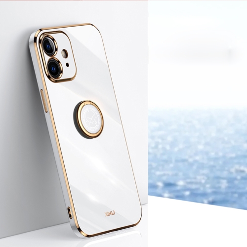 XINLI Straight 6D Plating Gold Edge TPU Shockproof Case with Ring Holder For iPhone 12(White)