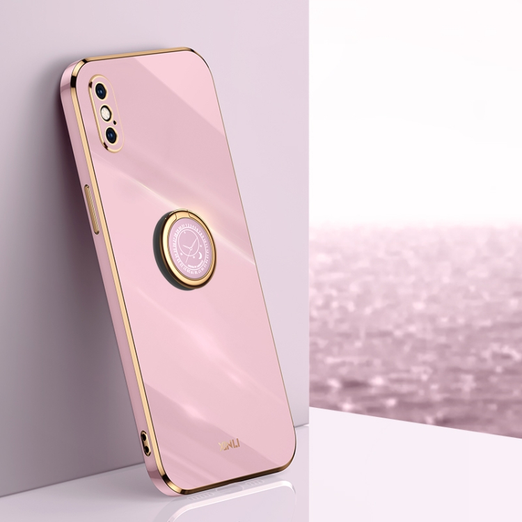 

For iPhone X XINLI Straight 6D Plating Gold Edge TPU Shockproof Case with Ring Holder(Cherry Purple)