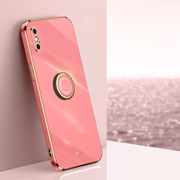 

XINLI Straight 6D Plating Gold Edge TPU Shockproof Case with Ring Holder For iPhone XS(Hawthorn Red)