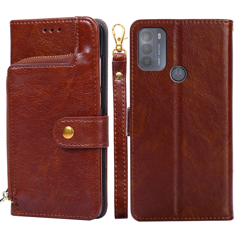 

For Motorola Moto G50 Zipper Bag PU + TPU Horizontal Flip Leather Case with Holder & Card Slot & Wallet & Lanyard(Brown)