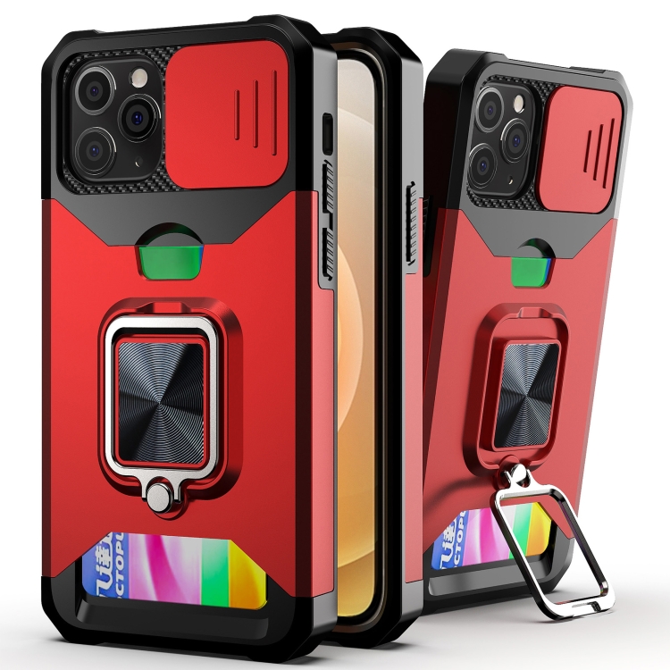 

Sliding Camera Cover Design PC + TPU Shockproof Case with Ring Holder & Card Slot For iPhone 12 / 12 Pro(Red)