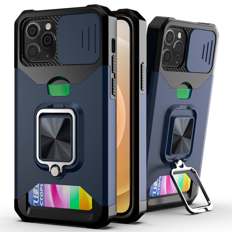 

Sliding Camera Cover Design PC + TPU Shockproof Case with Ring Holder & Card Slot For iPhone 12 Pro Max(Blue)
