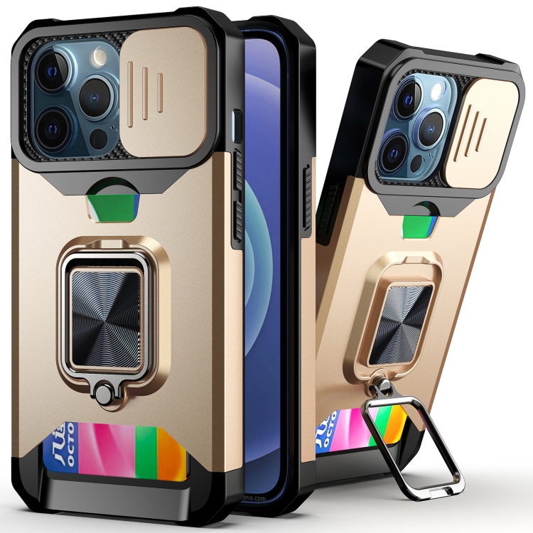

For iPhone 13 Pro Max Sliding Camshield Card Slot Ring Kickstand Phone Case (Gold)