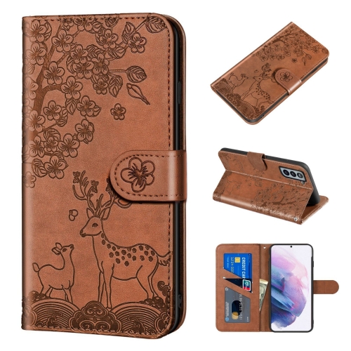 

For Samsung Galaxy S21+ 5G Sika Deer Embossing Pattern Horizontal Flip PU Leather Case with Holder & Card Slot & Wallet & Photo Frame(Brown)