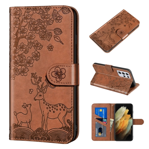 

For Samsung Galaxy S21 Ultra 5G Sika Deer Embossing Pattern Horizontal Flip PU Leather Case with Holder & Card Slot & Wallet & Photo Frame(Brown)