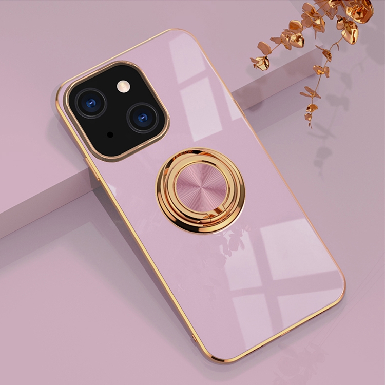 

6D Electroplating Full Coverage Silicone Protective Case with Magnetic Ring Holder For iPhone 13(Light Purple)