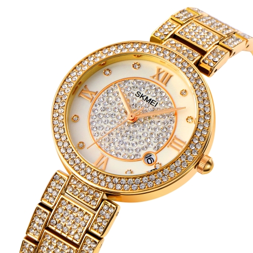 SKMEI 1739 Diamond Roman Numerals Round Dial Quartz Watch for Ladies(Gold)