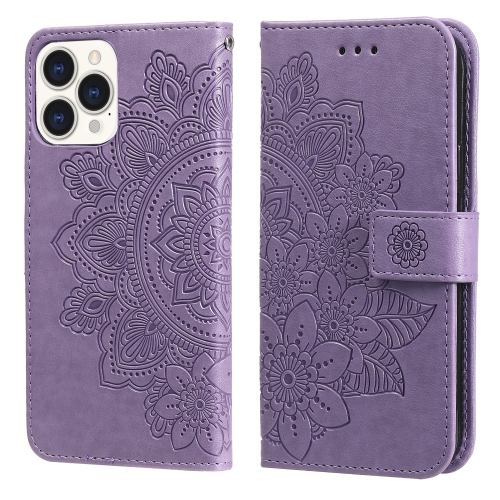 

7-petal Flowers Embossing Pattern Horizontal Flip PU Leather Case with Holder & Card Slots & Wallet & Photo Frame For iPhone 13 Pro Max(Light Purple)