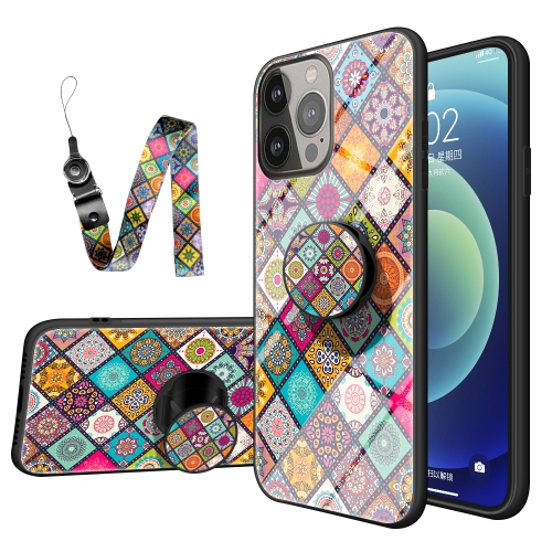 

Painted Ethnic Pattern Tempered Glass + TPU Shockproof Case with Folding Magnetic Holder & Neck Strap For iPhone 13 Pro(Checkered)