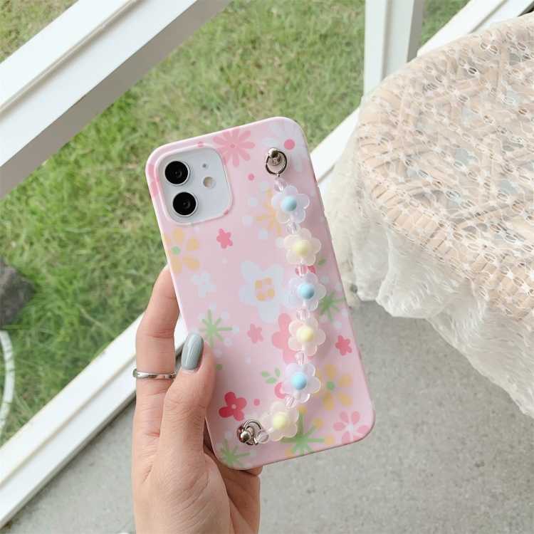 

Flower Pattern TPU Shockproof Protective Case with Flower Beads Wrist Bracelet Chain For iPhone 12 Pro Max(Pink)