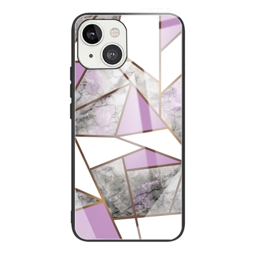 

Abstract Marble Pattern Glass Protective Case For iPhone 13(Rhombus Gray Purple)