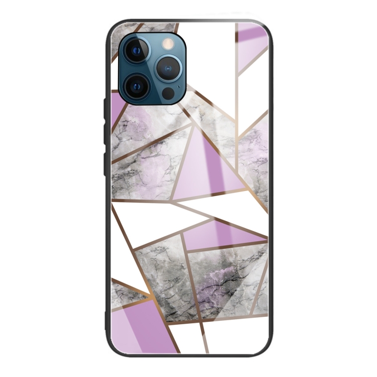

Abstract Marble Pattern Glass Protective Case For iPhone 13 Pro Max(Rhombus Gray Purple)