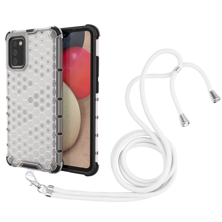 

For Samsung Galaxy A02s EU Version Shockproof Honeycomb PC + TPU Case with Neck Lanyard(White)