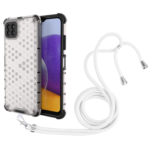 

For Samsung Galaxy A22 5G Shockproof Honeycomb PC + TPU Case with Neck Lanyard(White)