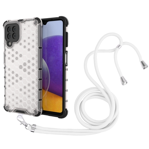 

For Samsung Galaxy A22 4G Shockproof Honeycomb PC + TPU Case with Neck Lanyard(White)