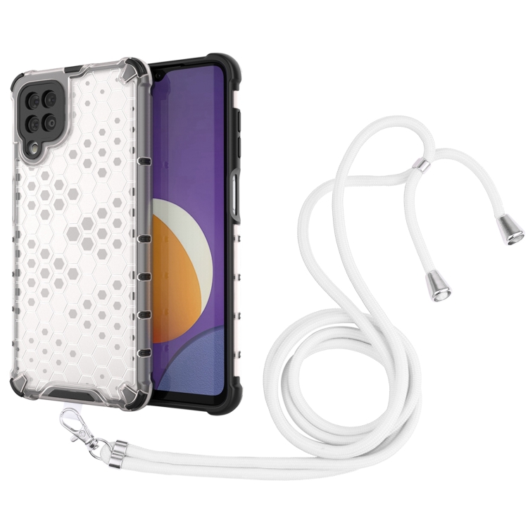

For Samsung Galaxy Galaxy M12 / F12 Shockproof Honeycomb PC + TPU Case with Neck Lanyard(White)
