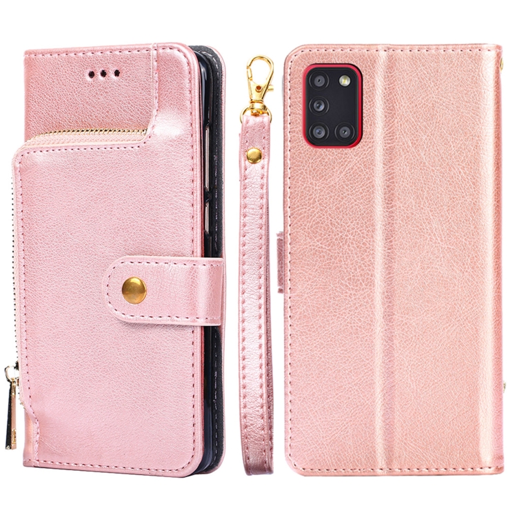 

For Samsung Galaxy A31 EU Version Zipper Bag PU + TPU Horizontal Flip Leather Case with Holder & Card Slot & Wallet & Lanyard(Rose Gold)