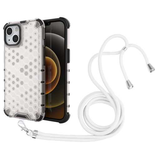 

Shockproof Honeycomb PC + TPU Case with Neck Lanyard For iPhone 13(White)