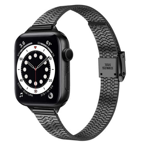 

14mm Seven-beads Double Safety Buckle Slim Steel Watch Band For Apple Watch Series 7 41mm / 6 & SE & 5 & 4 40mm / 3 & 2 & 1 38mm(Black)