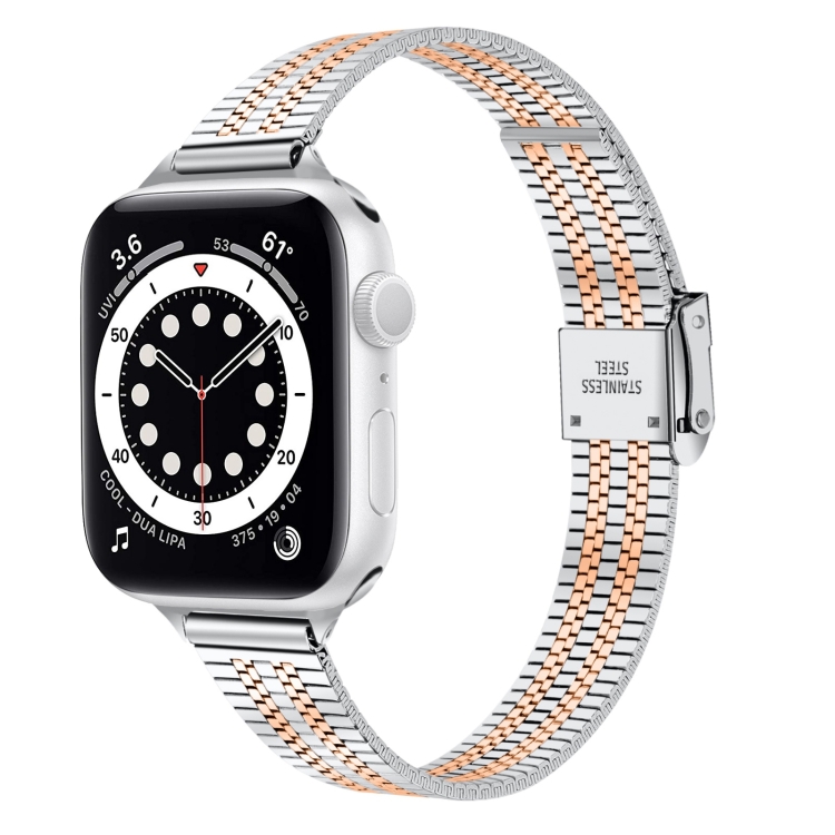 

14mm Seven-beads Double Safety Buckle Slim Steel Watch Band For Apple Watch Series 7 41mm / 6 & SE & 5 & 4 40mm / 3 & 2 & 1 38mm(Silver Gold)