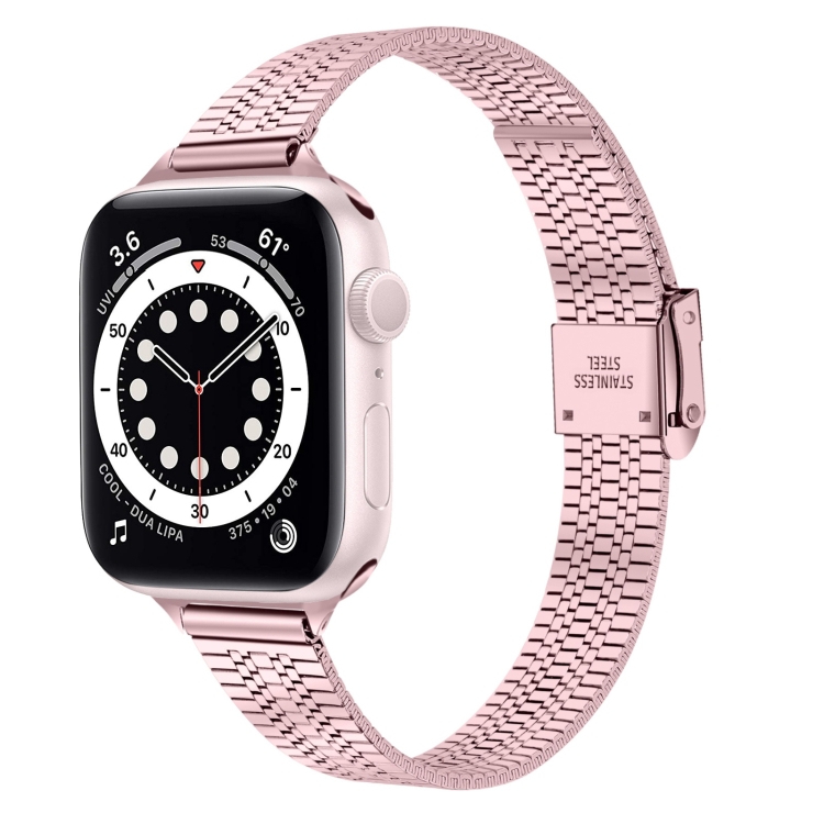 

14mm Seven-beads Double Safety Buckle Slim Steel Watch Band For Apple Watch Series 7 41mm / 6 & SE & 5 & 4 40mm / 3 & 2 & 1 38mm(Rose Pink)