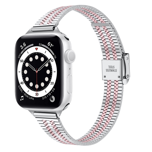 

14mm Seven-beads Double Safety Buckle Slim Steel Watch Band For Apple Watch Series 7 41mm / 6 & SE & 5 & 4 40mm / 3 & 2 & 1 38mm(Silver Pink)